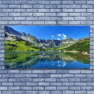 Tableaux sur verre Montagne lac paysage bleu vert gris