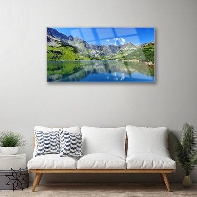 Tableaux sur verre Montagne lac paysage bleu vert gris