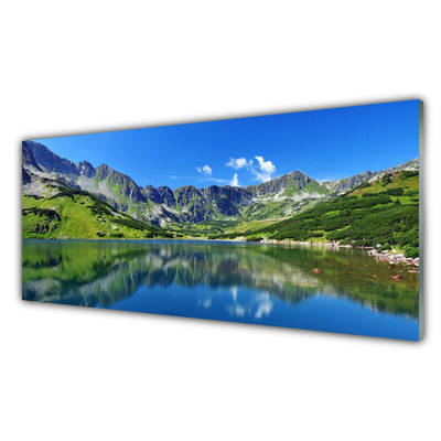 Tableaux sur verre Montagne lac paysage bleu vert gris