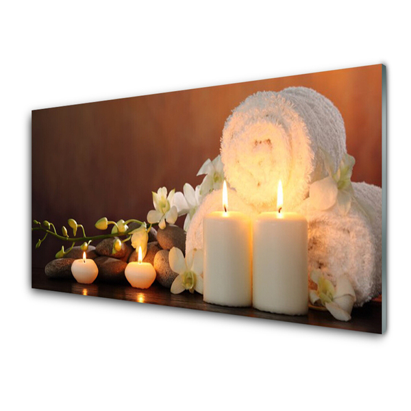 Tableaux sur verre Bougies serviette art blanc jaune