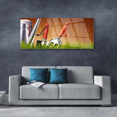 Tableaux sur verre Arrosoir herbe art argent vert