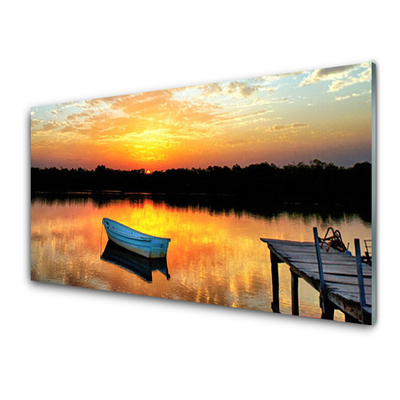 Tableaux sur verre Bateau pont lac paysage blanc gris jaune noir