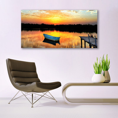 Tableaux sur verre Bateau pont lac paysage blanc gris jaune noir