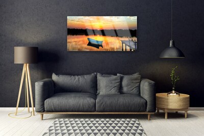 Tableaux sur verre Bateau pont lac paysage blanc gris jaune noir