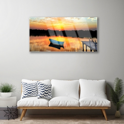 Tableaux sur verre Bateau pont lac paysage blanc gris jaune noir