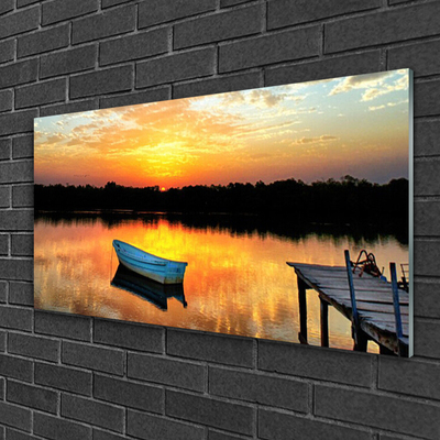 Tableaux sur verre Bateau pont lac paysage blanc gris jaune noir