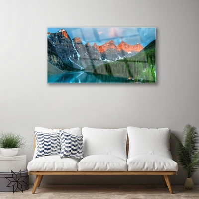 Tableaux sur verre Montagnes forêt lac paysage bleu vert gris jaune