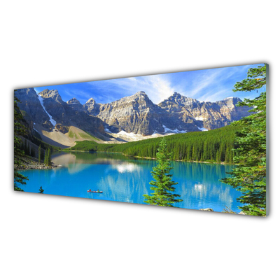 Tableaux sur verre Lac montagnes forêt paysage bleu vert gris blanc