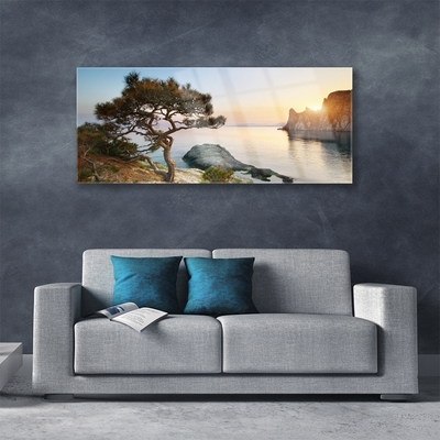 Tableaux sur verre Arbre lac paysage bleu brun vert