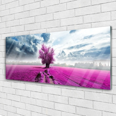 Tableaux sur verre Prairie arbre nature rose bleu blanc