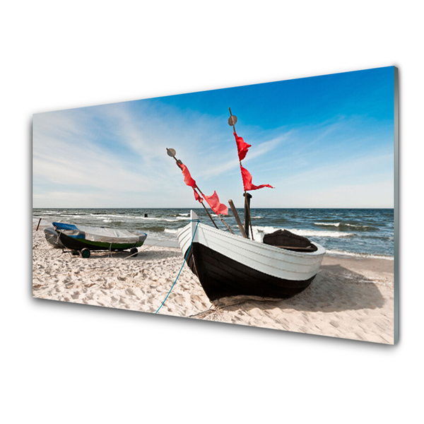 Tableaux sur verre Bateaux plage paysage blanc noir brun bleu