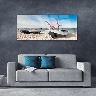 Tableaux sur verre Bateaux plage paysage blanc noir brun bleu