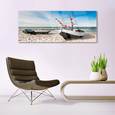 Tableaux sur verre Bateaux plage paysage blanc noir brun bleu