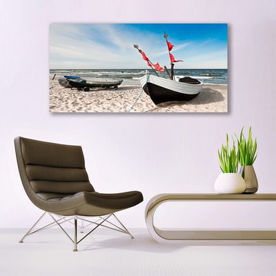 Tableaux sur verre Bateaux plage paysage blanc noir brun bleu