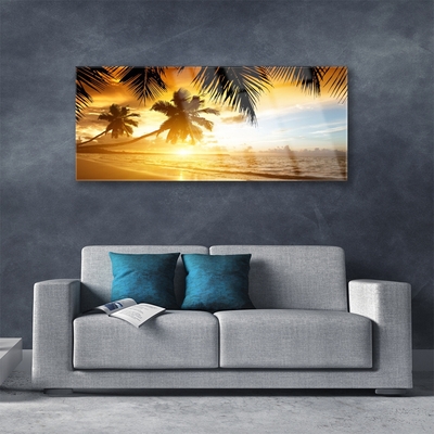 Tableaux sur verre Mer plage palmiers paysage jaune noir bleu
