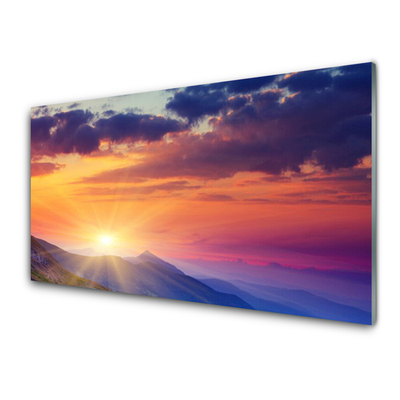 Tableaux sur verre Montagne soleil paysage multicolore