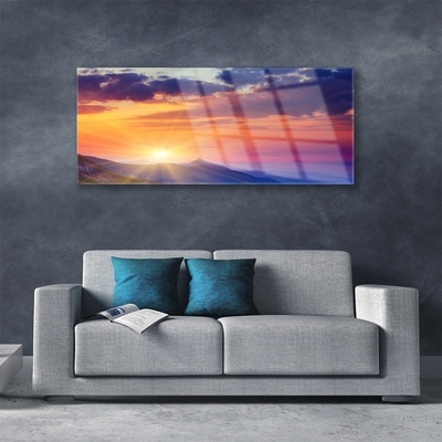 Tableaux sur verre Montagne soleil paysage multicolore