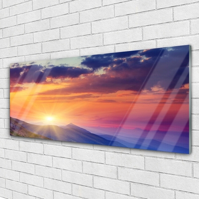 Tableaux sur verre Montagne soleil paysage multicolore