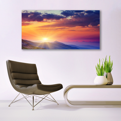 Tableaux sur verre Montagne soleil paysage multicolore