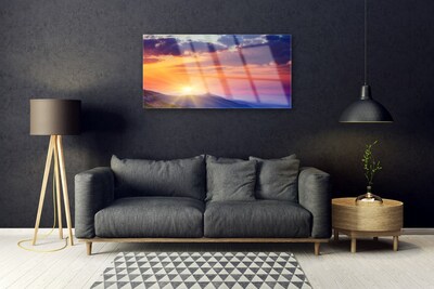 Tableaux sur verre Montagne soleil paysage multicolore