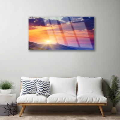 Tableaux sur verre Montagne soleil paysage multicolore