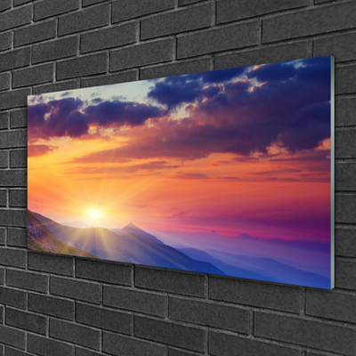 Tableaux sur verre Montagne soleil paysage multicolore