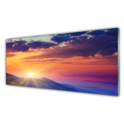 Tableaux sur verre Montagne soleil paysage multicolore