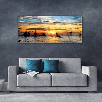 Tableaux sur verre Bateaux mer soleil paysage bleu jaune noir gris