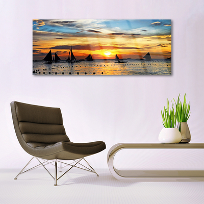 Tableaux sur verre Bateaux mer soleil paysage bleu jaune noir gris