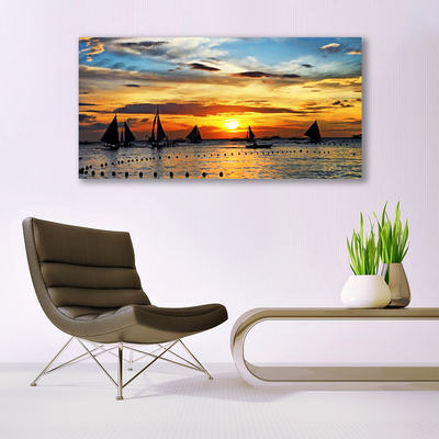 Tableaux sur verre Bateaux mer soleil paysage bleu jaune noir gris