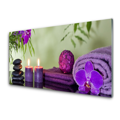 Tableaux sur verre Pierres bougies serviettes art noir rose violet