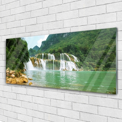 Tableaux sur verre Forêt chute d'eau paysage brun vert blanc bleu