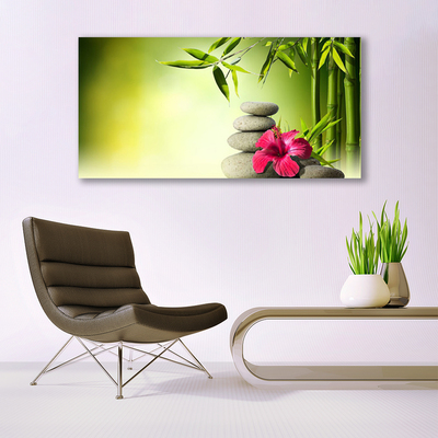 Tableaux sur verre Bambou pierres fleurs floral vert rouge gris