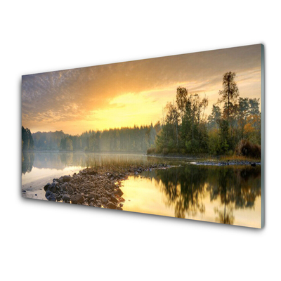 Tableaux sur verre Pierres lac mer paysage gris vert blanc jaune