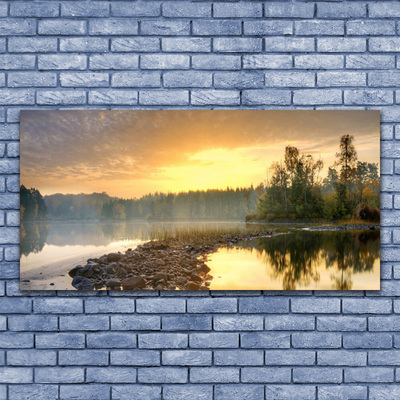 Tableaux sur verre Pierres lac mer paysage gris vert blanc jaune