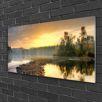 Tableaux sur verre Pierres lac mer paysage gris vert blanc jaune