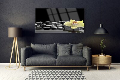 Tableaux sur verre Pierres fleurs cuisine jaune noir