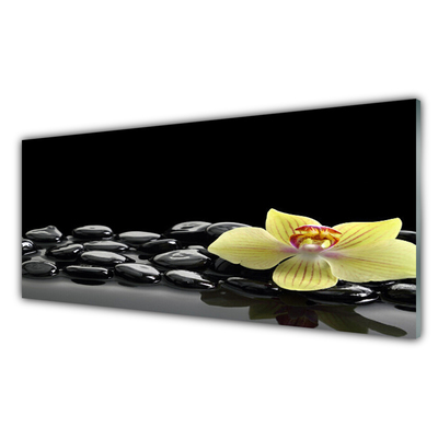 Tableaux sur verre Pierres fleurs cuisine jaune noir