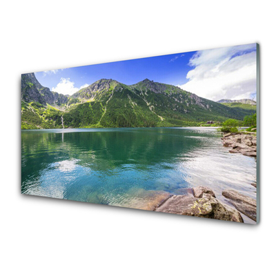 Tableaux sur verre Montagne lac paysage gris vert bleu