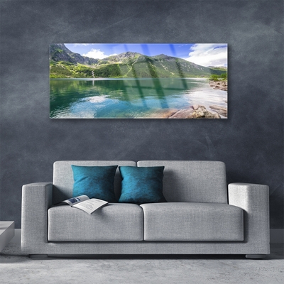 Tableaux sur verre Montagne lac paysage gris vert bleu