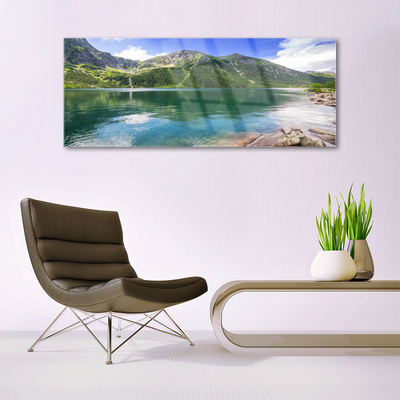 Tableaux sur verre Montagne lac paysage gris vert bleu