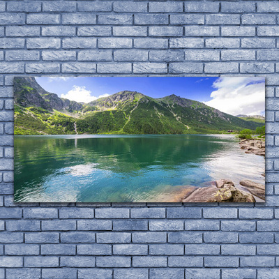 Tableaux sur verre Montagne lac paysage gris vert bleu