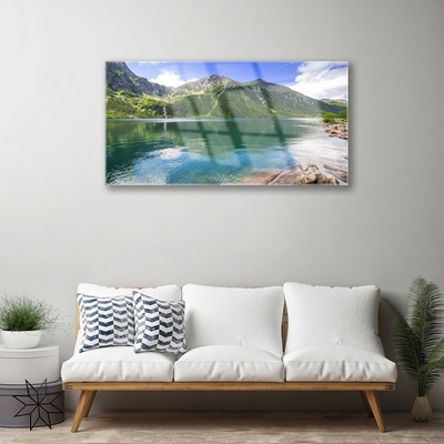 Tableaux sur verre Montagne lac paysage gris vert bleu