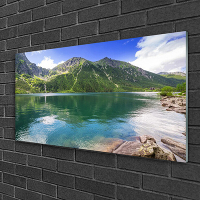 Tableaux sur verre Montagne lac paysage gris vert bleu