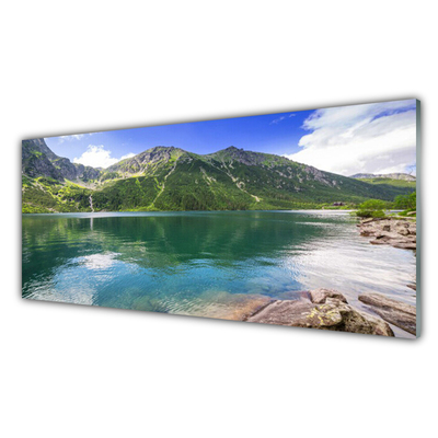 Tableaux sur verre Montagne lac paysage gris vert bleu