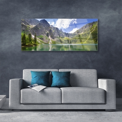 Tableaux sur verre Montagne lac paysage gris vert bleu