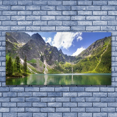 Tableaux sur verre Montagne lac paysage gris vert bleu