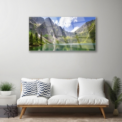 Tableaux sur verre Montagne lac paysage gris vert bleu