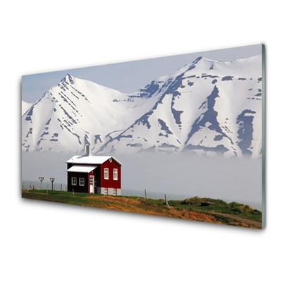 Tableaux sur verre Maison montagne paysage blanc gris brun vert