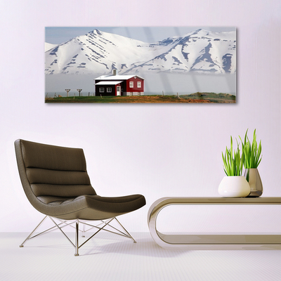 Tableaux sur verre Maison montagne paysage blanc gris brun vert